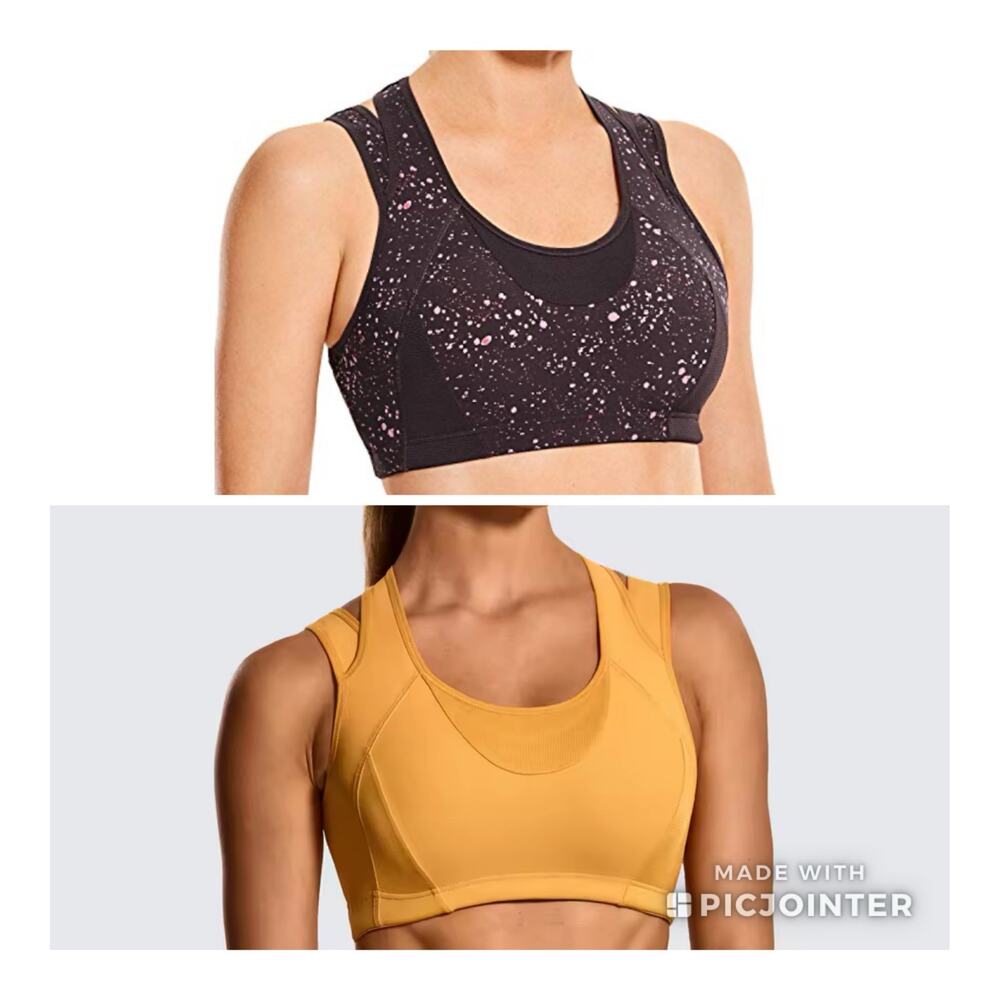 Pair of Syrokan Sports Bras High Impact Wirefree Mesh Purple Yellow Size L